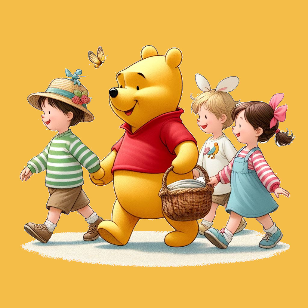 Winnie Pooh geht mit Kindern spazieren